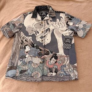 Rebel Vengeance Men’s Japanese Tapestry Samurai Skull Print SS Jacket ~ Sz S